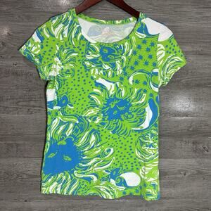 Lilly Pulitzer Shirt Womens Small Green Blue Floral Tee Coastal Resort Vcation